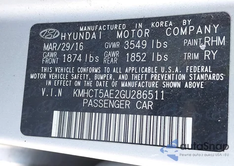 2016 Hyundai Accent Se z USA, uszkodzony, nr VIN KMHCT5AE2GU286511